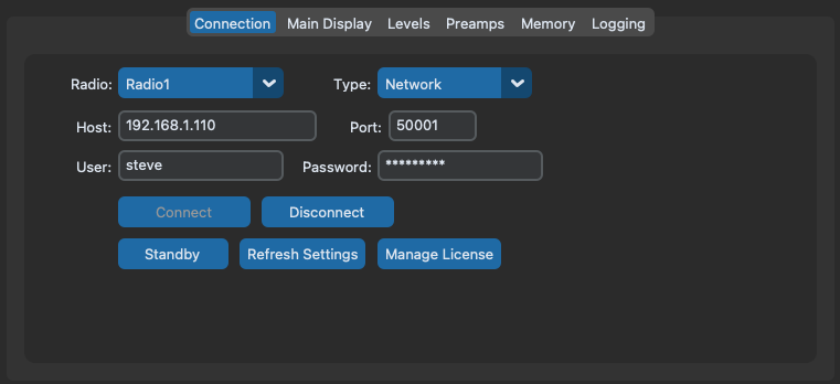 Connection tab controls