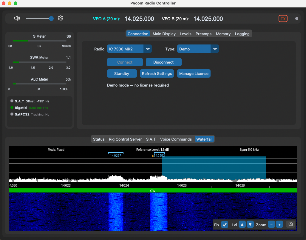 Connection dialog showing the license-free demo mode radio selection in Pycom Radio Controller