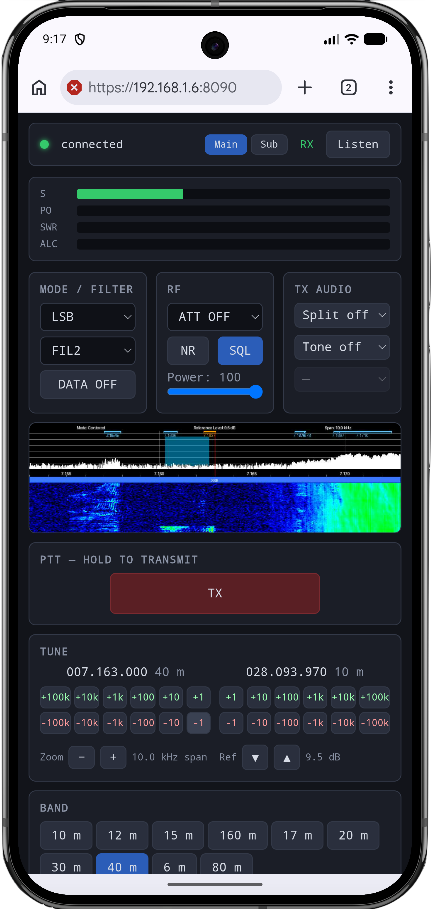 Pycom web control page on a phone showing the status bar with Main/Sub selector and Listen button, live meters, radio controls, and the streamed waterfall