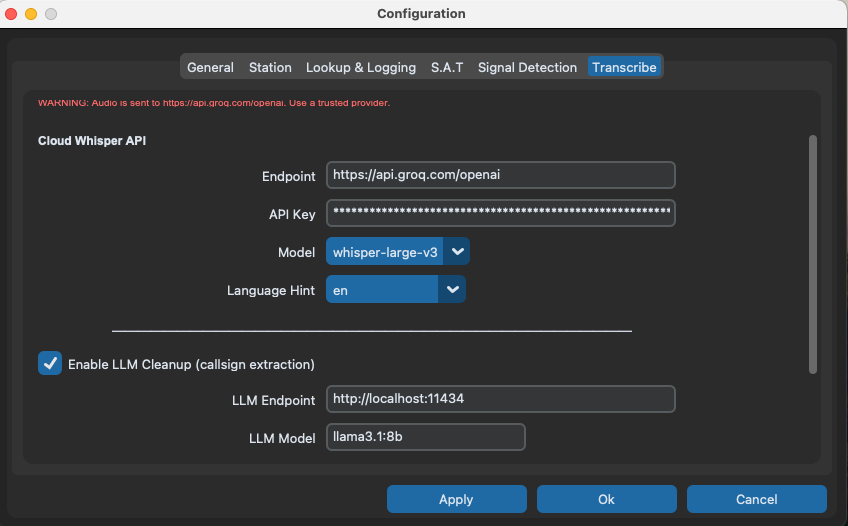 Transcribe configuration tab showing fields for cloud ASR endpoint, API key, model, language hint, LLM cleanup endpoint, and confidence threshold