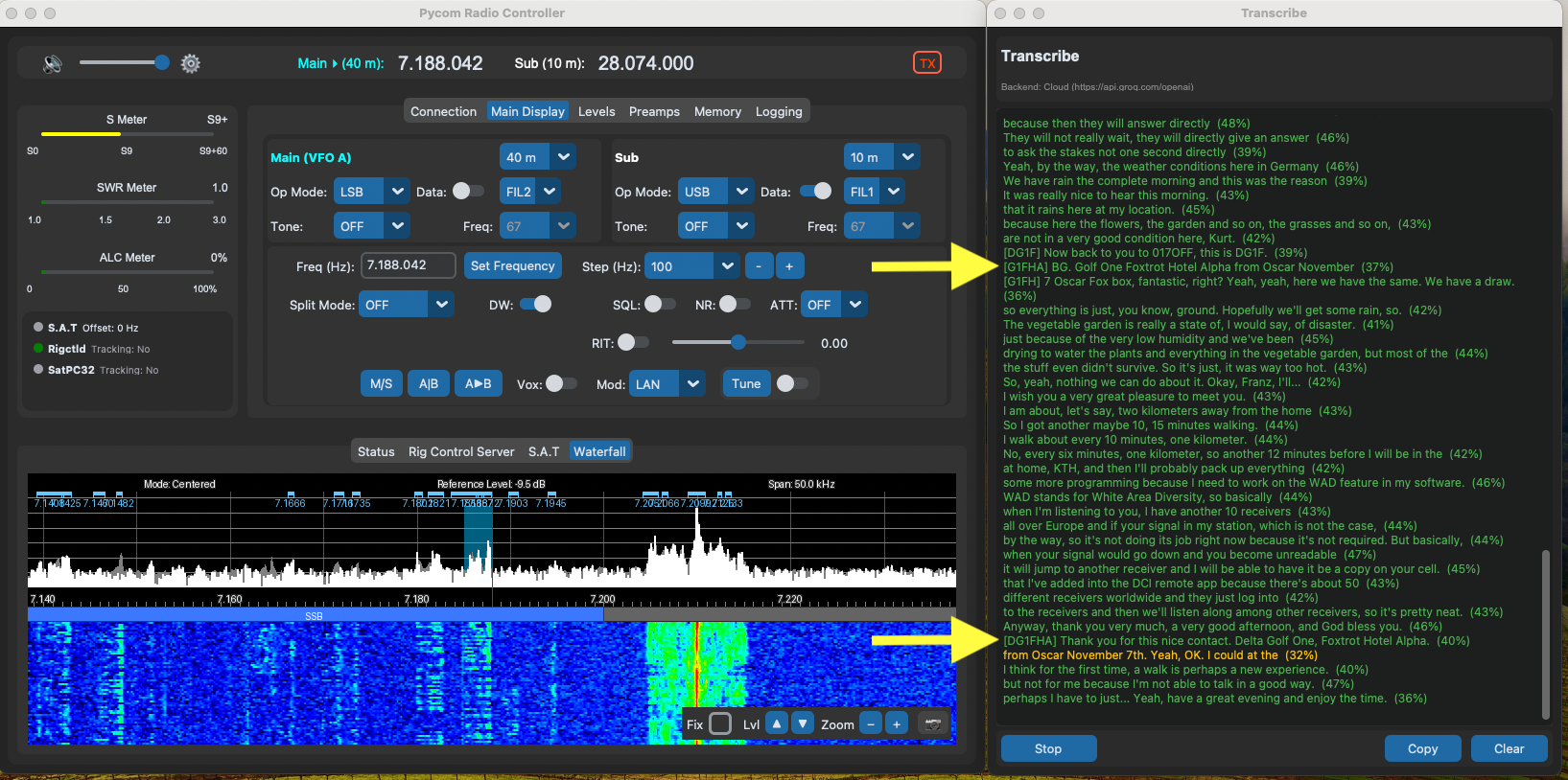 Transcribe pop-out window showing a live transcript with a callsign-tagged line displayed in confidence-coloured text