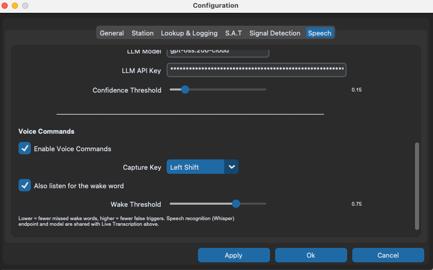 Config Speech tab showing the Enable Voice Commands checkbox, Capture Key dropdown, wake word checkbox and the Wake Threshold slider
