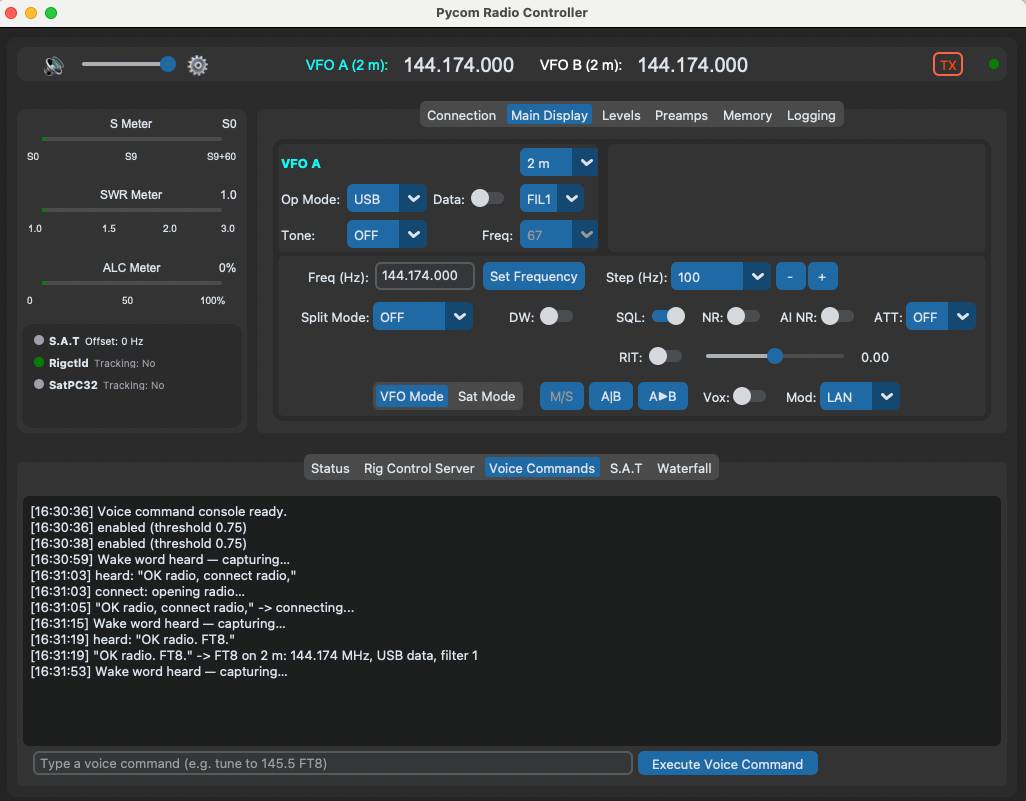 Voice Commands console tab showing a time-stamped log of wake events, live transcripts, command outcomes, and a text entry box