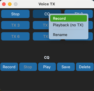Voice TX window showing 8 audio slots with right-click context menu